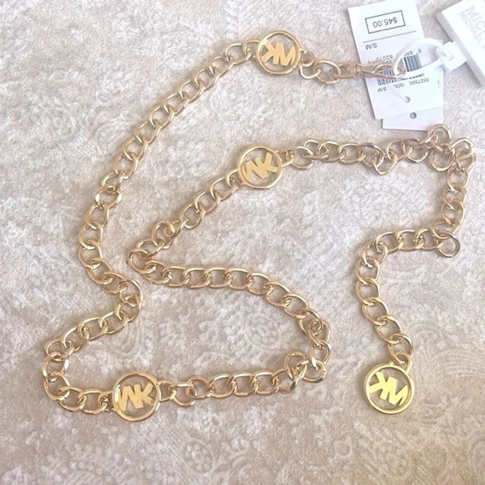 Brand New Michael Kors Gold Tone Logo Metal Chain Belt Adjustable Length